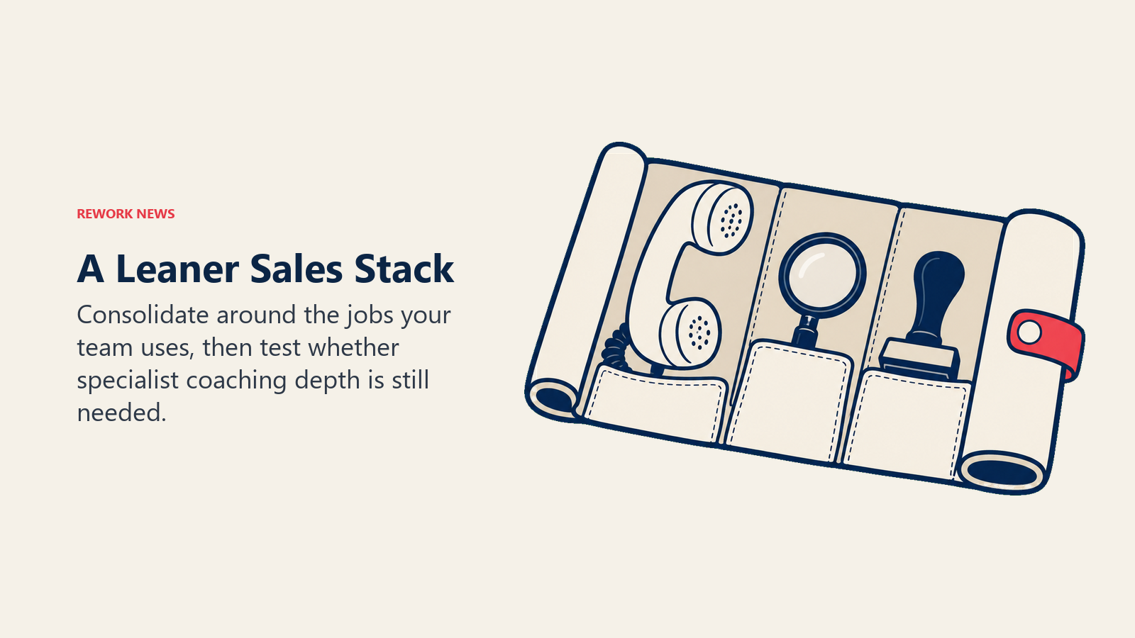 A lean sales stack represented by a compact roll of communication, inspection, and CRM tools