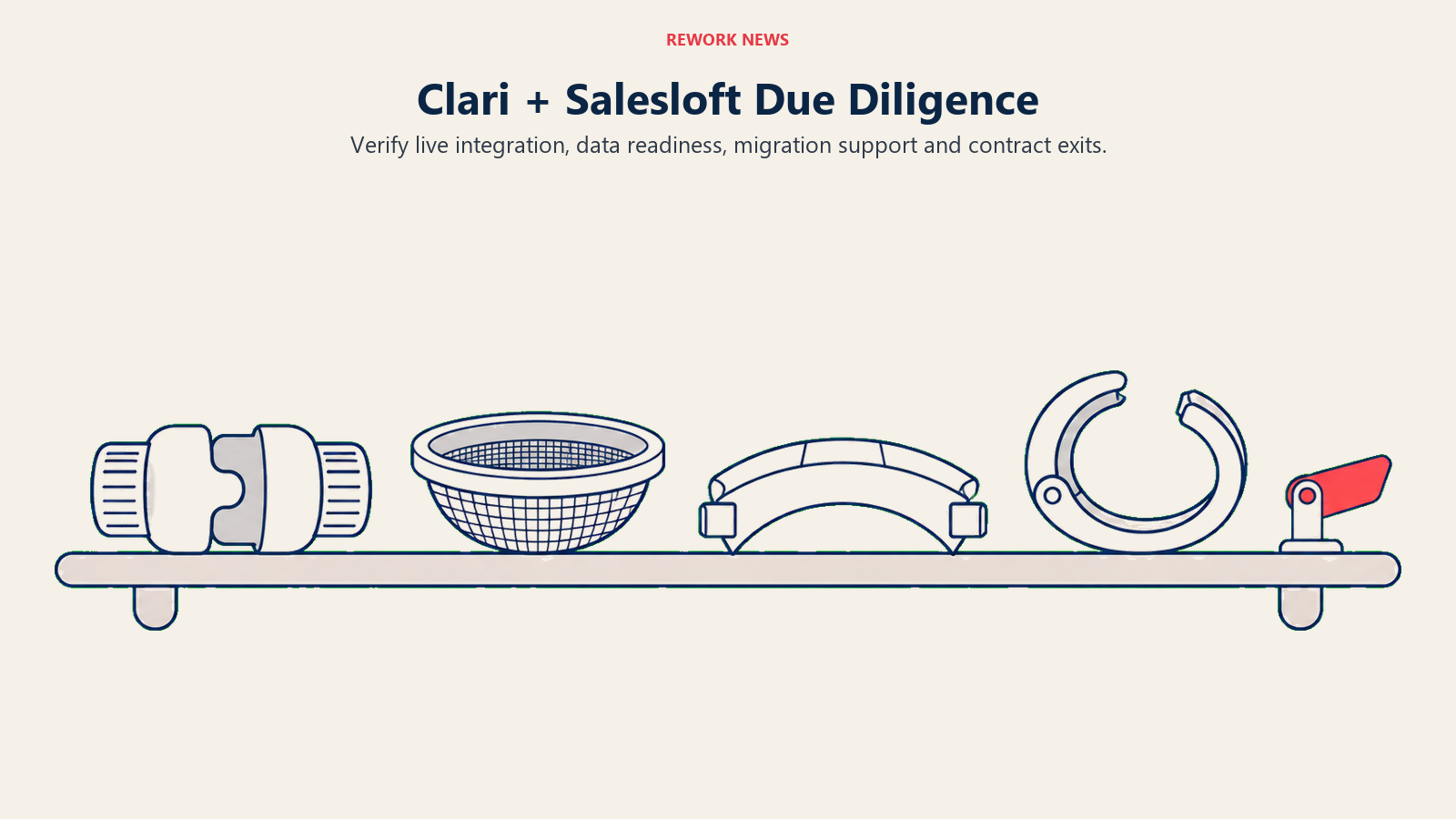 Clari and Salesloft due diligence checks represented by integration, data quality, migration and exit artifacts
