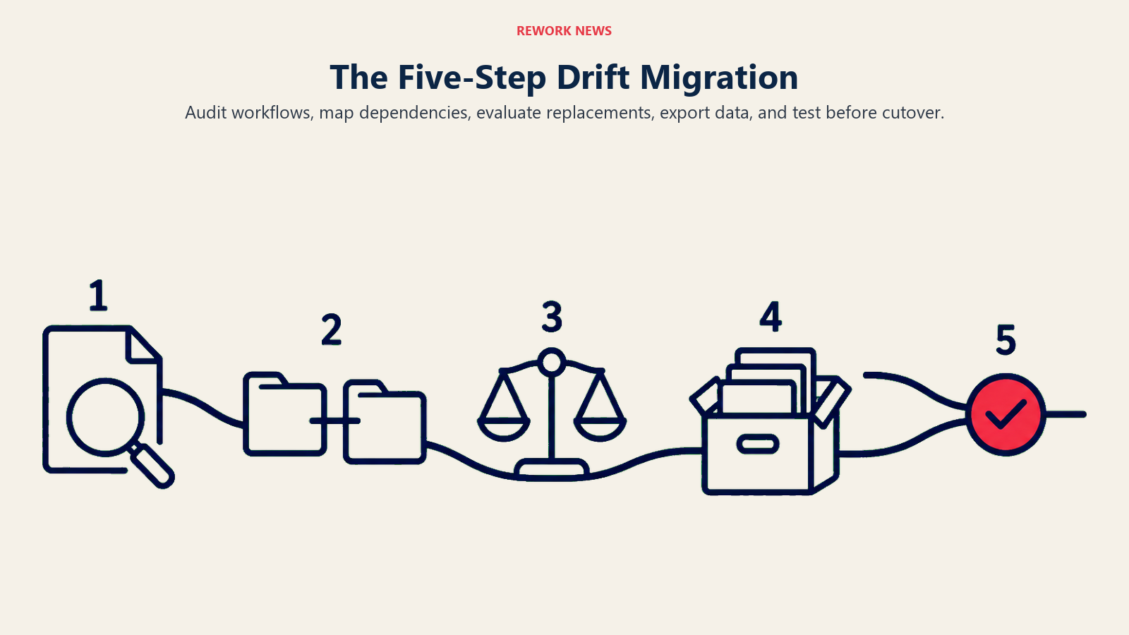 Five Drift migration stages: workflow audit, dependency mapping, replacement evaluation, export, and parallel testing