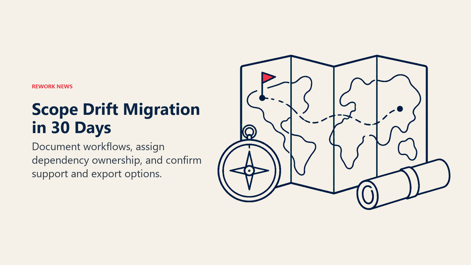 Drift migration scope map with a starting flag, compass, and export document