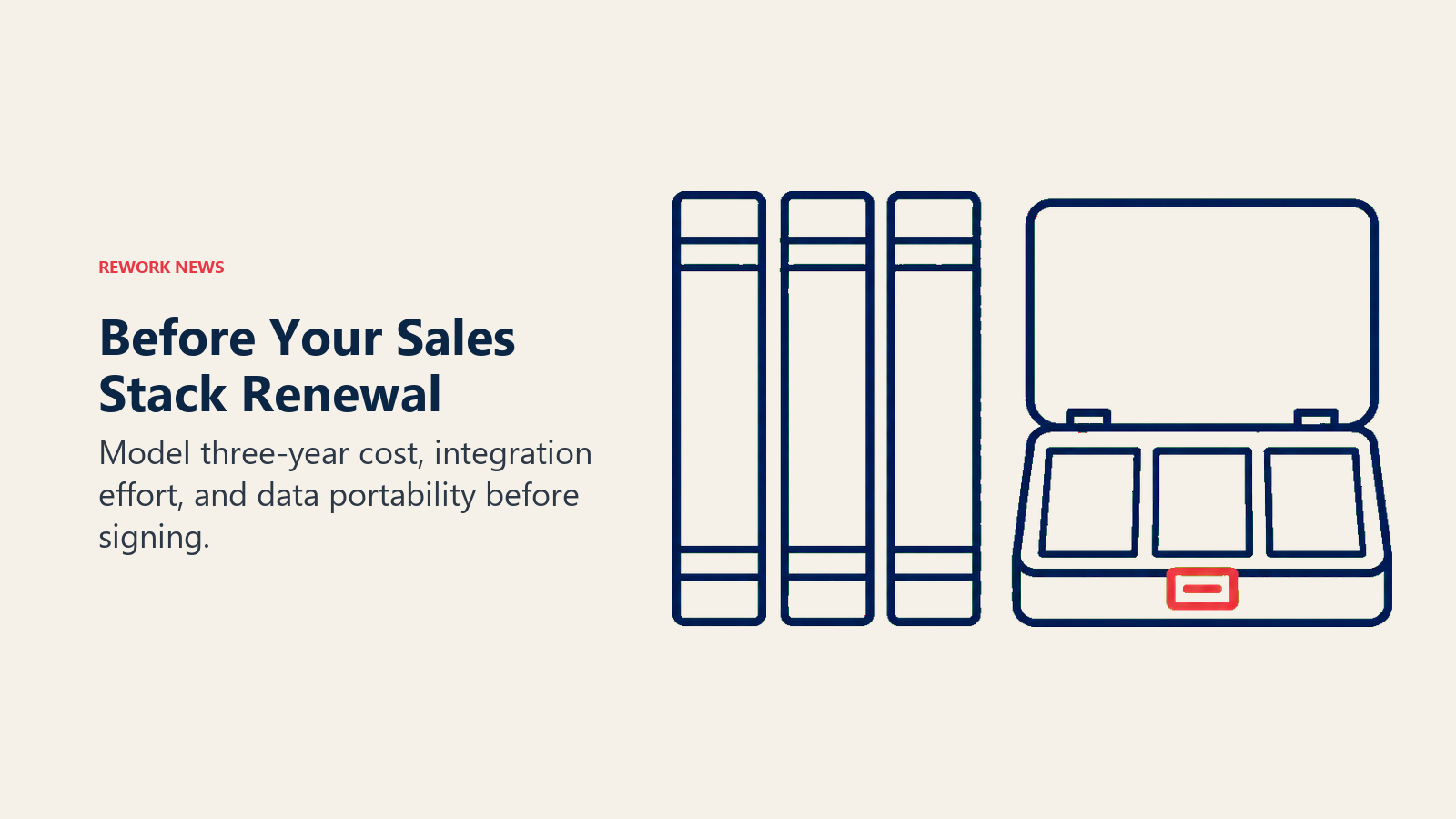 Three-year sales stack costs and data portability shown by ledgers and a removable-data case
