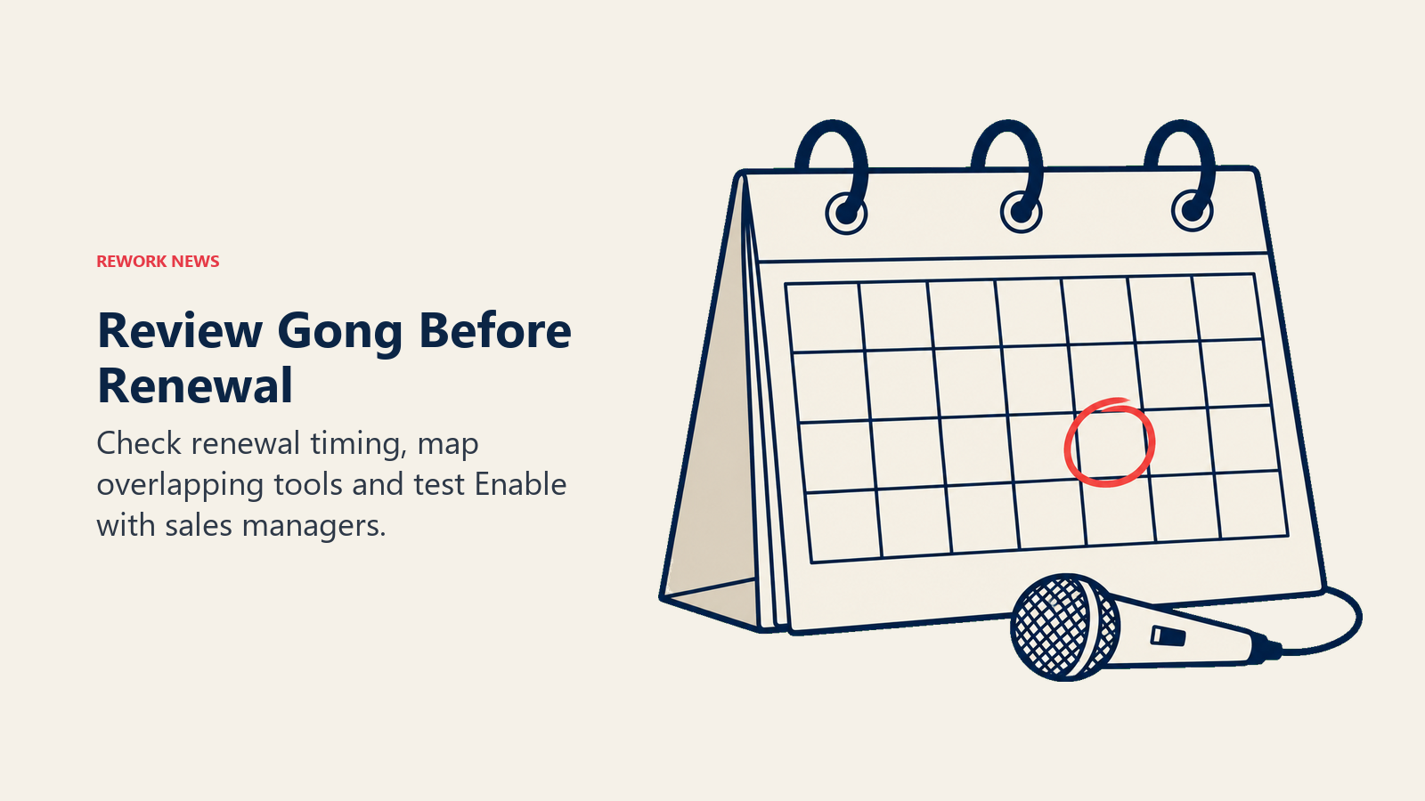 Review Gong Before Renewal illustrated by a renewal calendar and coaching microphone