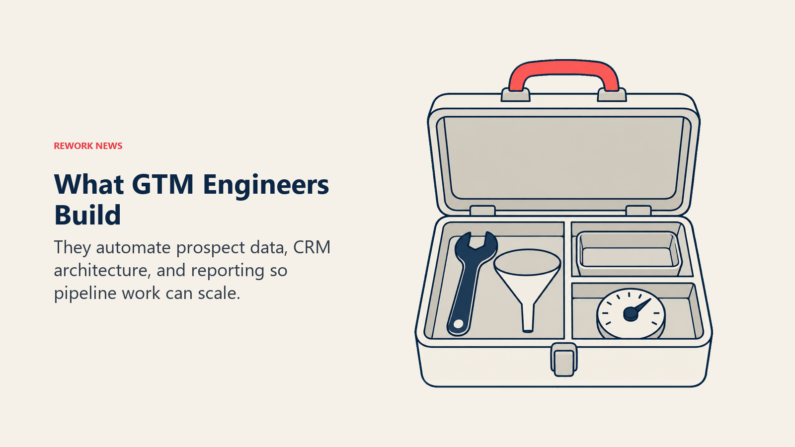 A toolbox holds a funnel, wrench, record tray, and dial for GTM engineering work