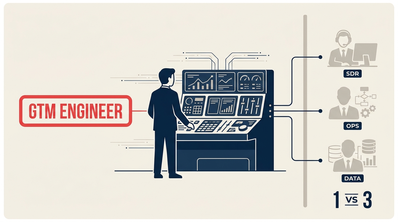 GTM engineer at a technical console connected to three faded traditional sales role icons, illustrating one hire replacing three roles