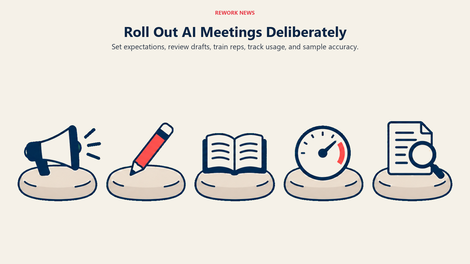Five stepping stones show expectations, draft review, training, usage tracking, and accuracy checks for AI meetings.