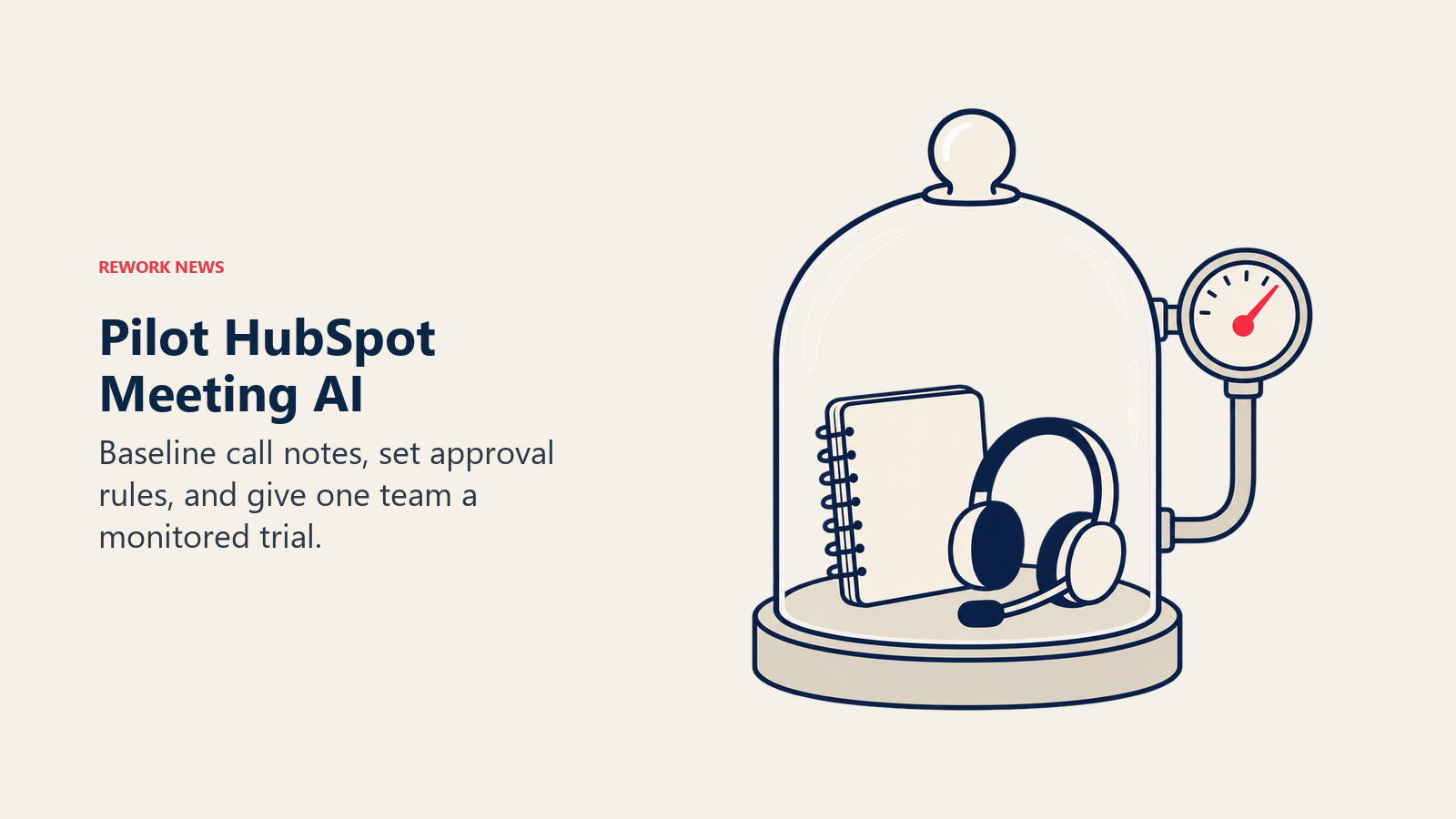 A notebook and headset inside a monitored bell jar illustrate a controlled HubSpot meeting AI pilot.