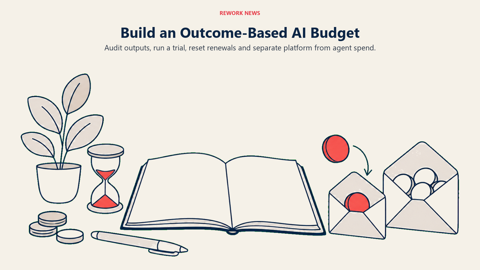 Outcome-based AI budget workbench with a trial hourglass, ledger and separate spend envelopes