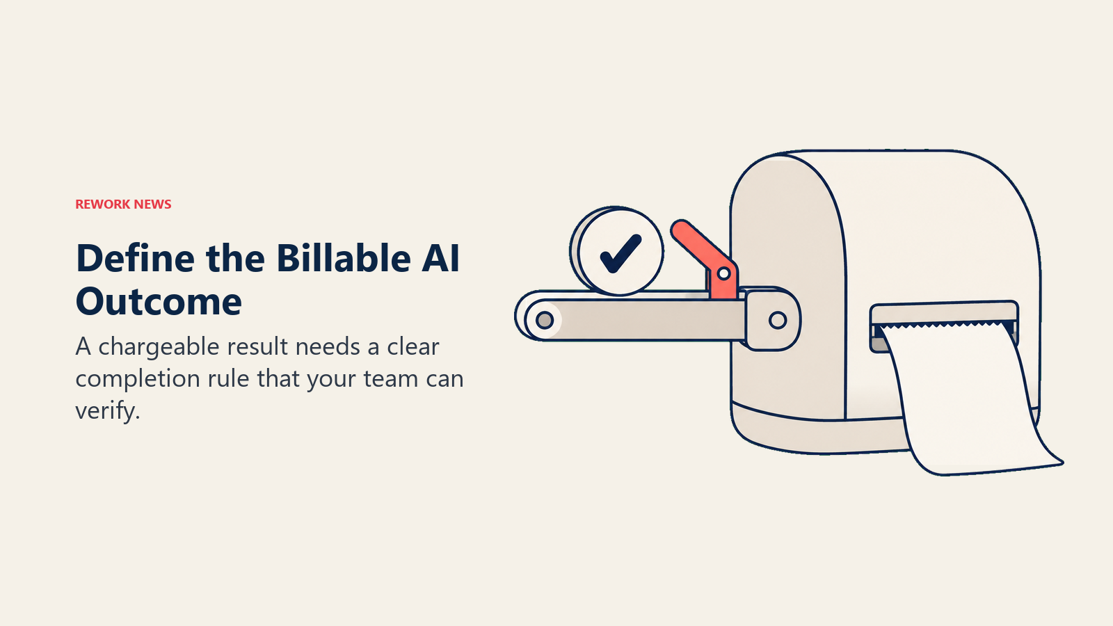 Billable AI outcome shown as a completed-result token releasing a receipt