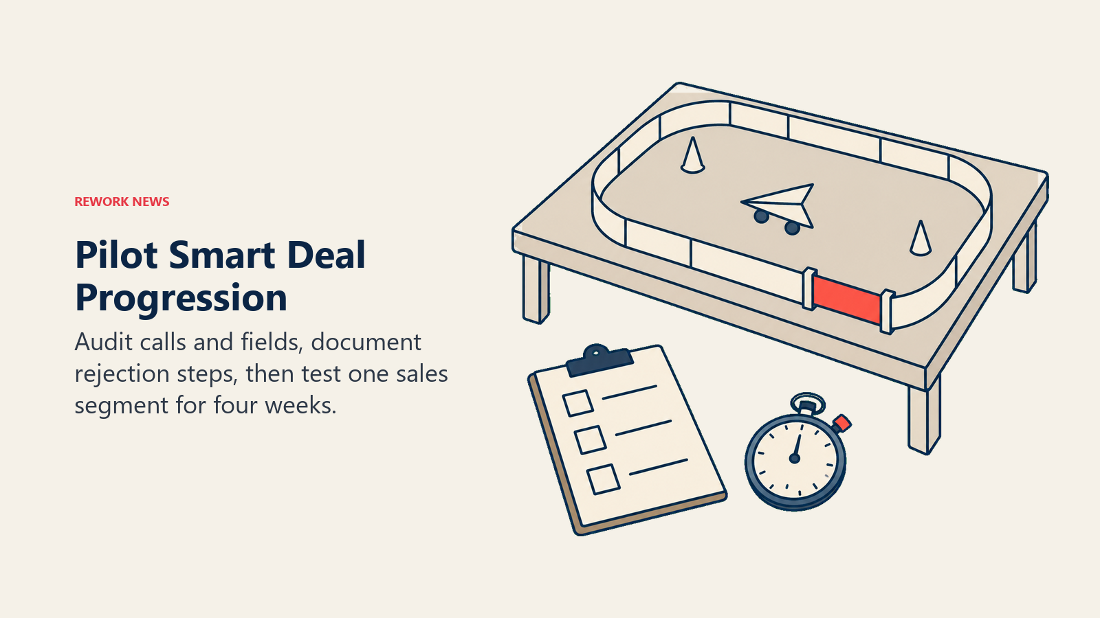 A bounded pilot track, checklist, and stopwatch represent a controlled Smart Deal Progression rollout