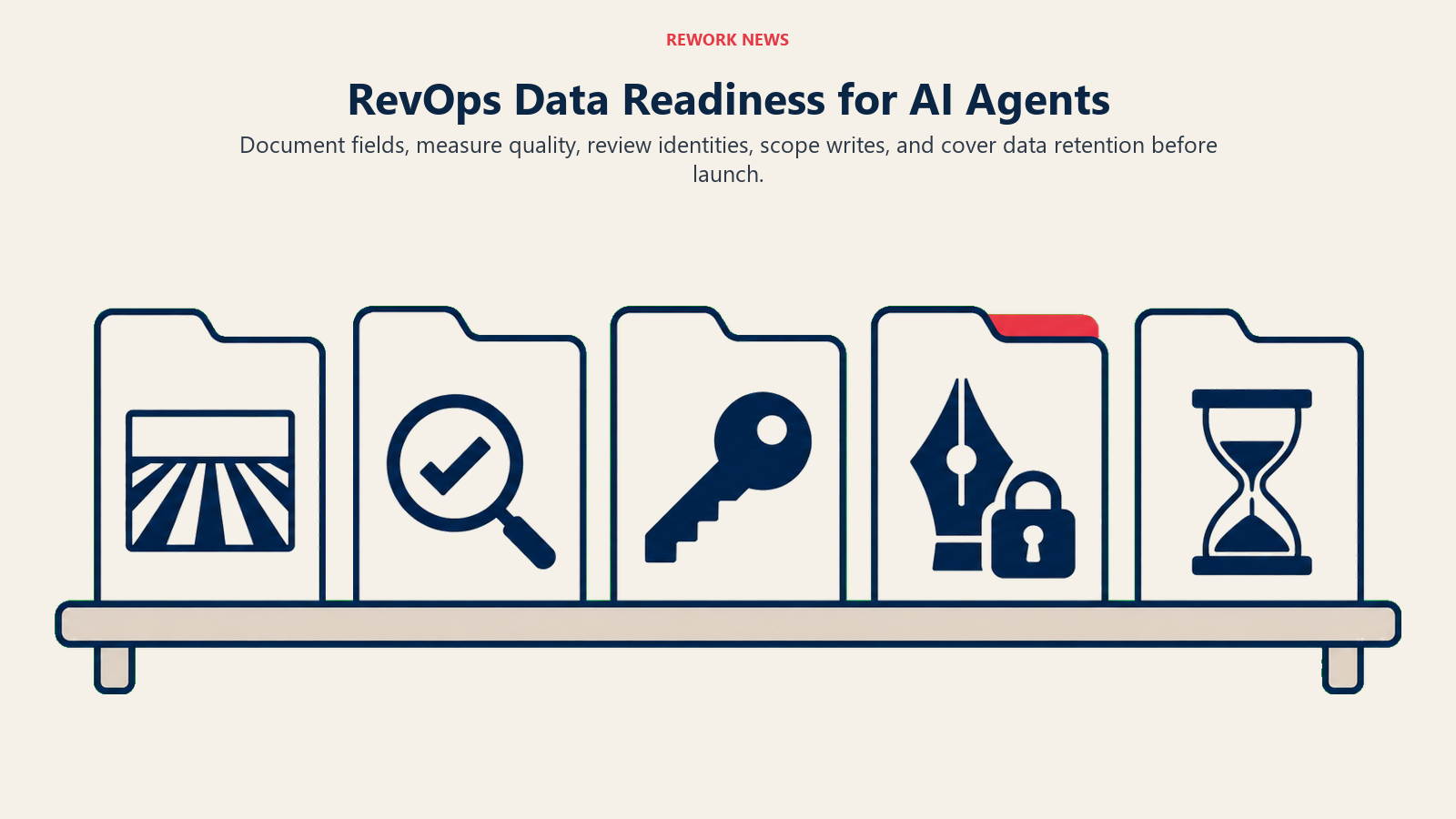 Five CRM data-readiness checks cover schema, quality, identities, write access, and retention