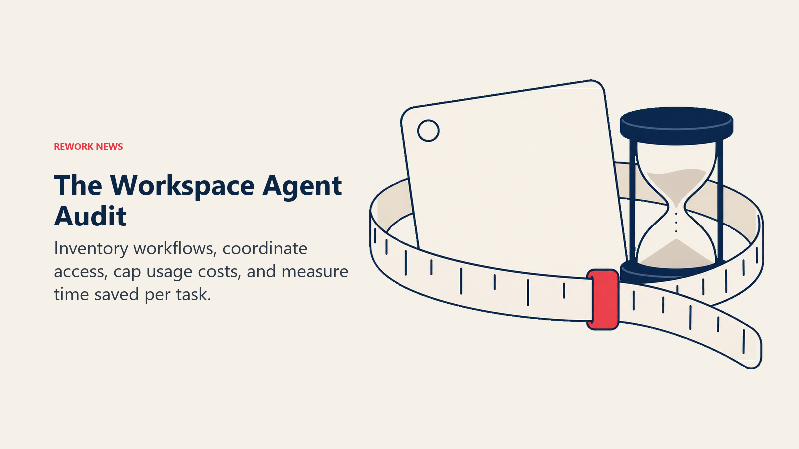A measured task card and hourglass sit inside a capped tape loop for the Workspace Agent Audit