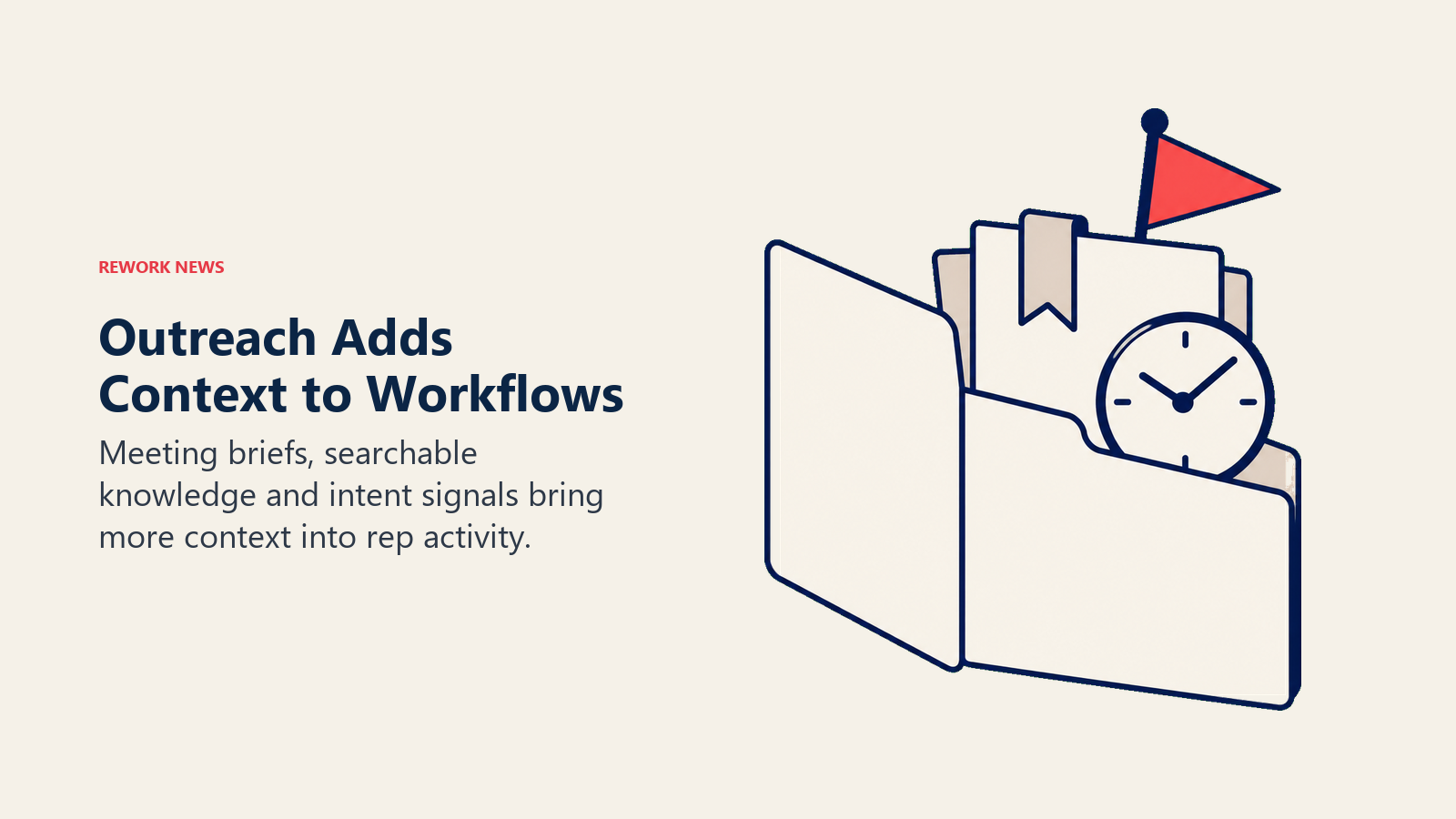 Outreach Adds Context to Workflows illustrated by a brief folder holding meeting context