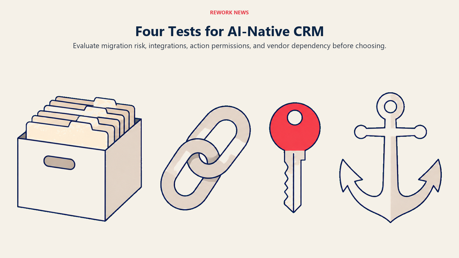 Customer folders, a link, a key, and an anchor represent four AI-native CRM evaluation tests