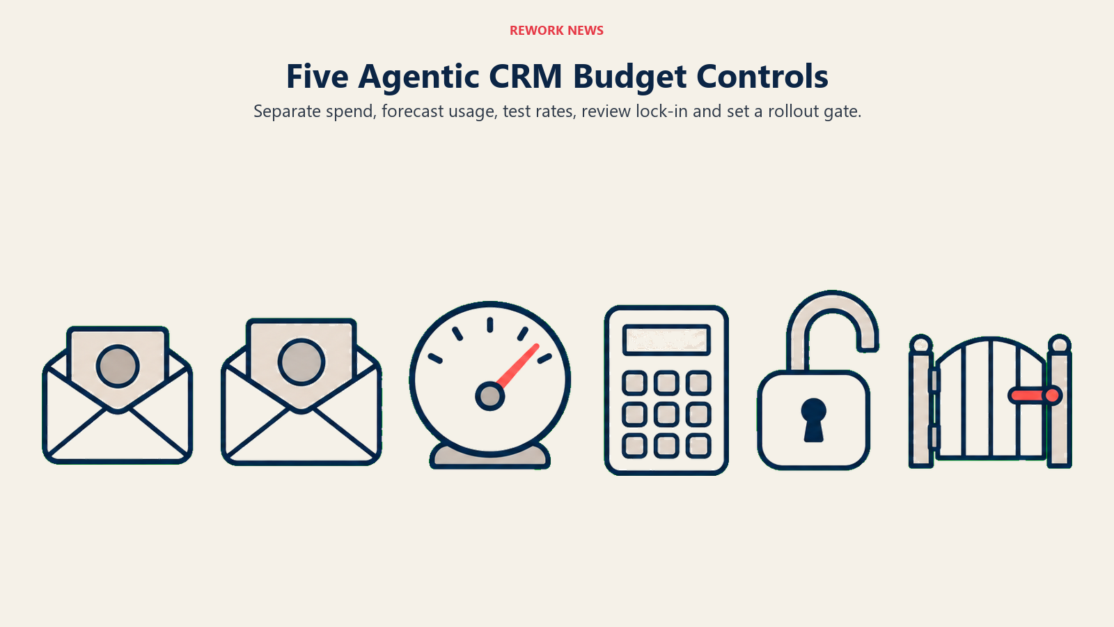 Five Agentic CRM Budget Controls illustrated by five groups of budget control objects