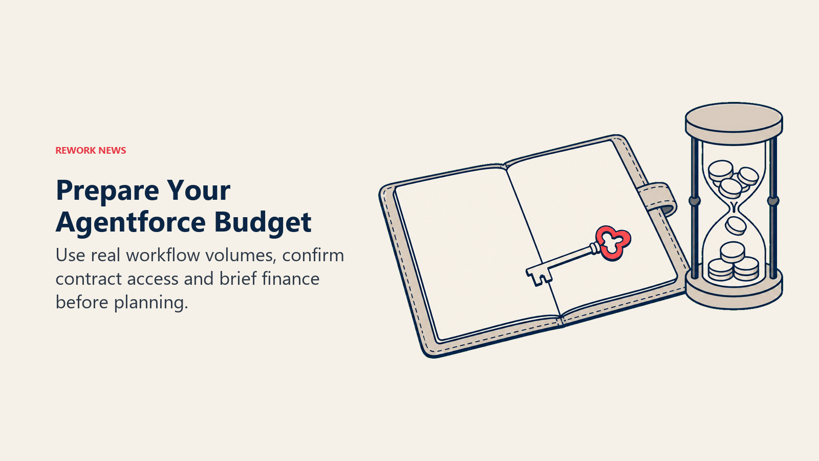 Prepare Your Agentforce Budget illustrated by a contract folio, key and task hourglass