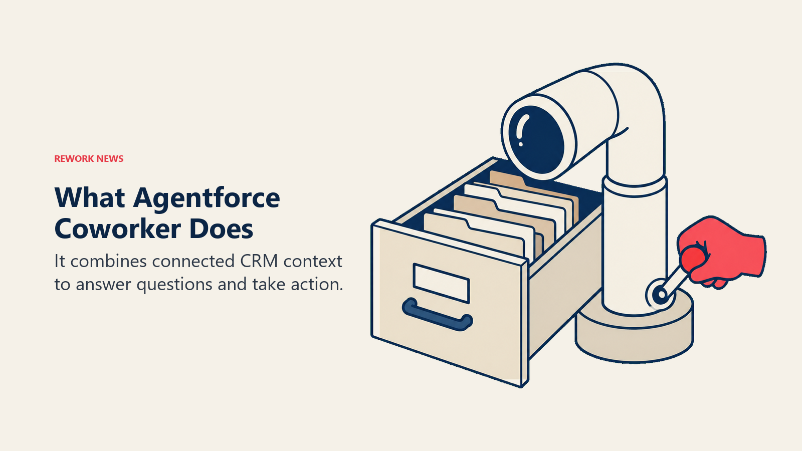 A periscope searches a records drawer while a lever illustrates Agentforce Coworker taking action.
