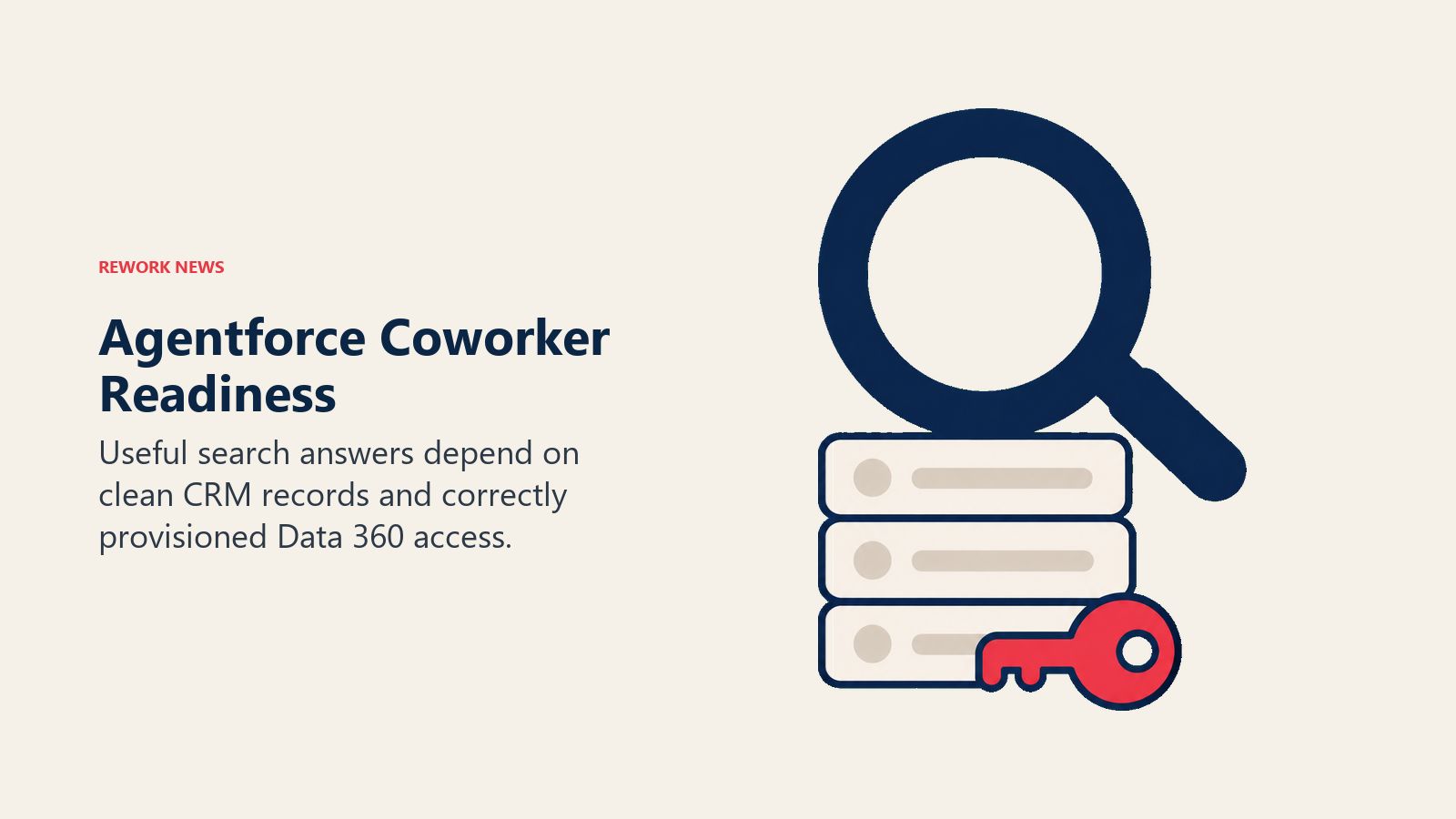 A search lens rests on CRM record blocks beside an access key, illustrating Agentforce Coworker readiness.