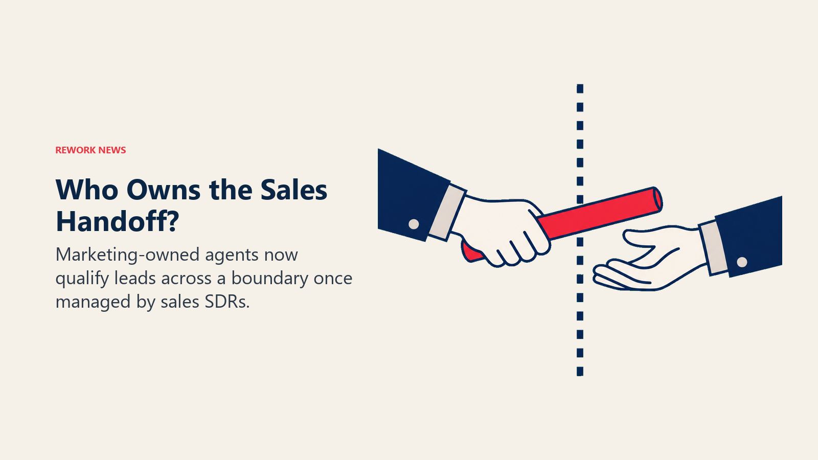 Marketing and sales pipeline ownership shown as a relay baton crossing a department boundary