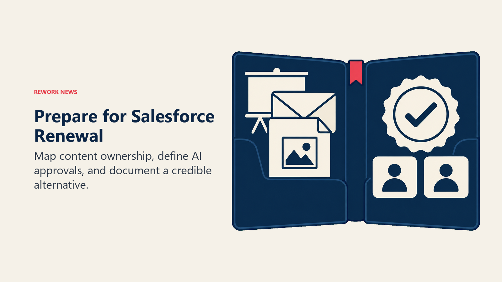 A renewal folio holds content assets, an approval seal, and vendor options for Salesforce renewal preparation.