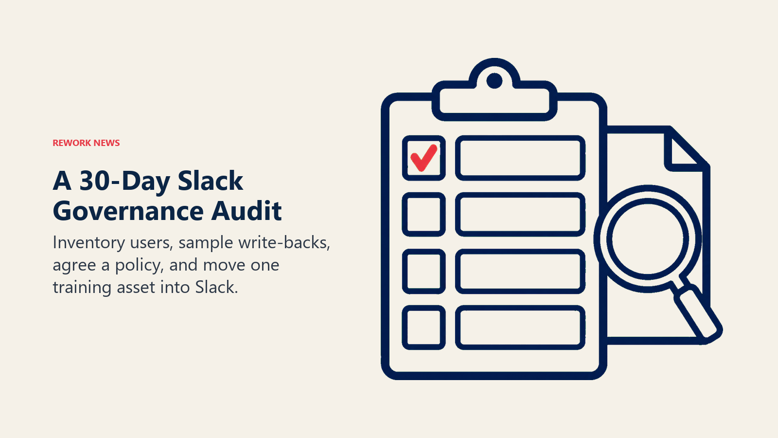 Four-part Slack governance audit checklist with a magnified opportunity record