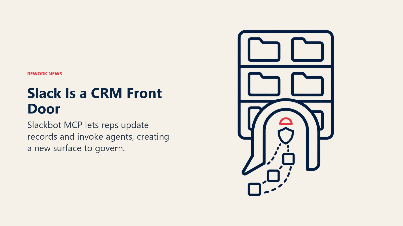 Slack CRM front door with a governance shield and record tokens entering a guarded chat doorway