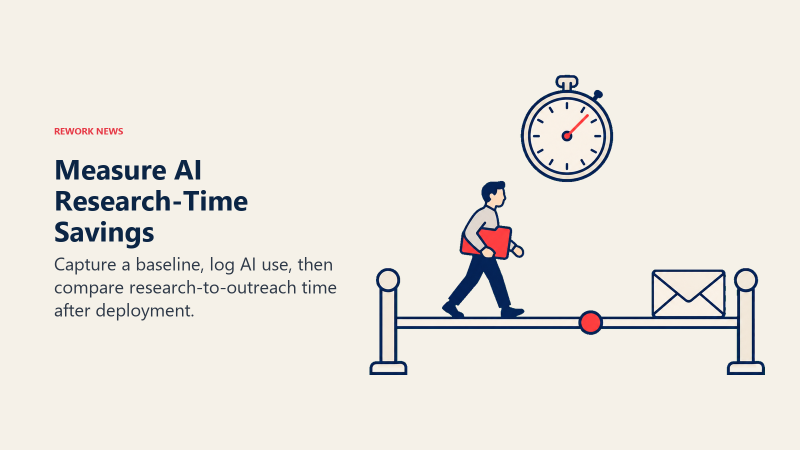 A seller moves from research to outreach beneath a stopwatch for measuring workflow time savings
