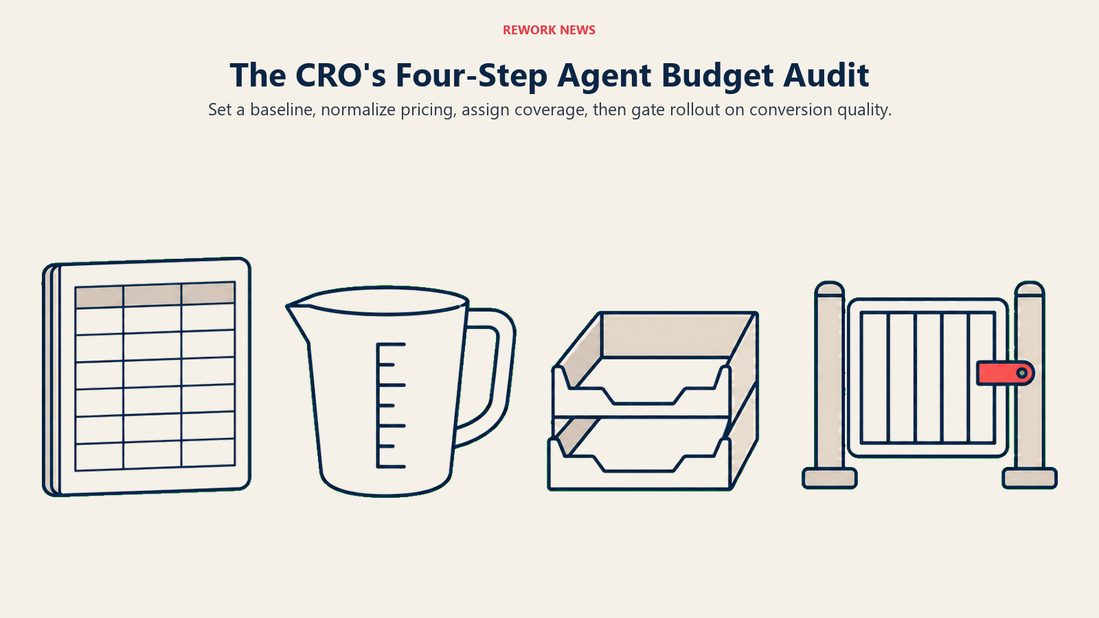 Four budget audit artifacts represent baseline cost, pricing conversion, coverage, and rollout gates