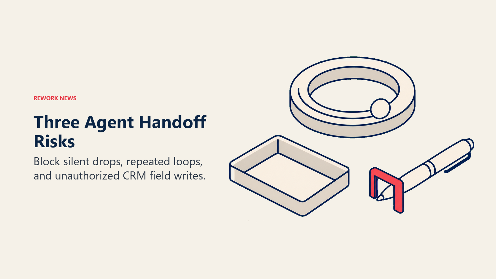 An empty receiving tray, a looping track, and a blocked pen illustrate three agent handoff risks.