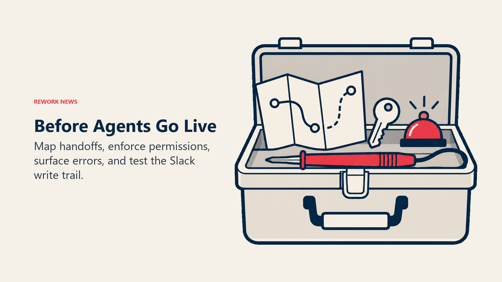 A toolbox with a handoff map, permission key, error bell, and test probe illustrates the agent launch audit.