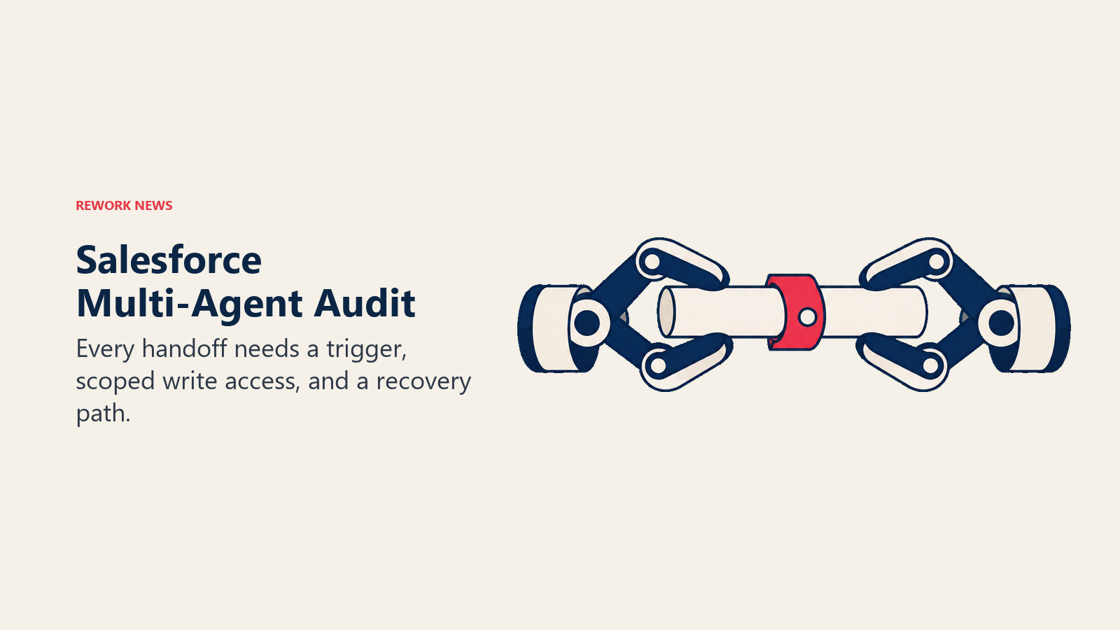 Salesforce multi-agent audit illustrated by a relay baton secured between two grippers with a safety clasp.