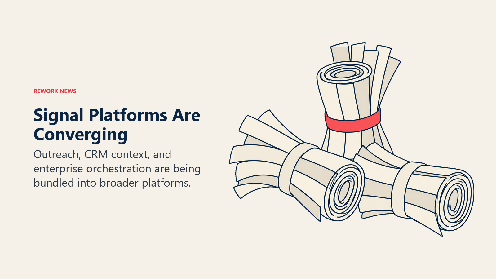 Three bundles gather loose strips into integrated groups, representing platform consolidation