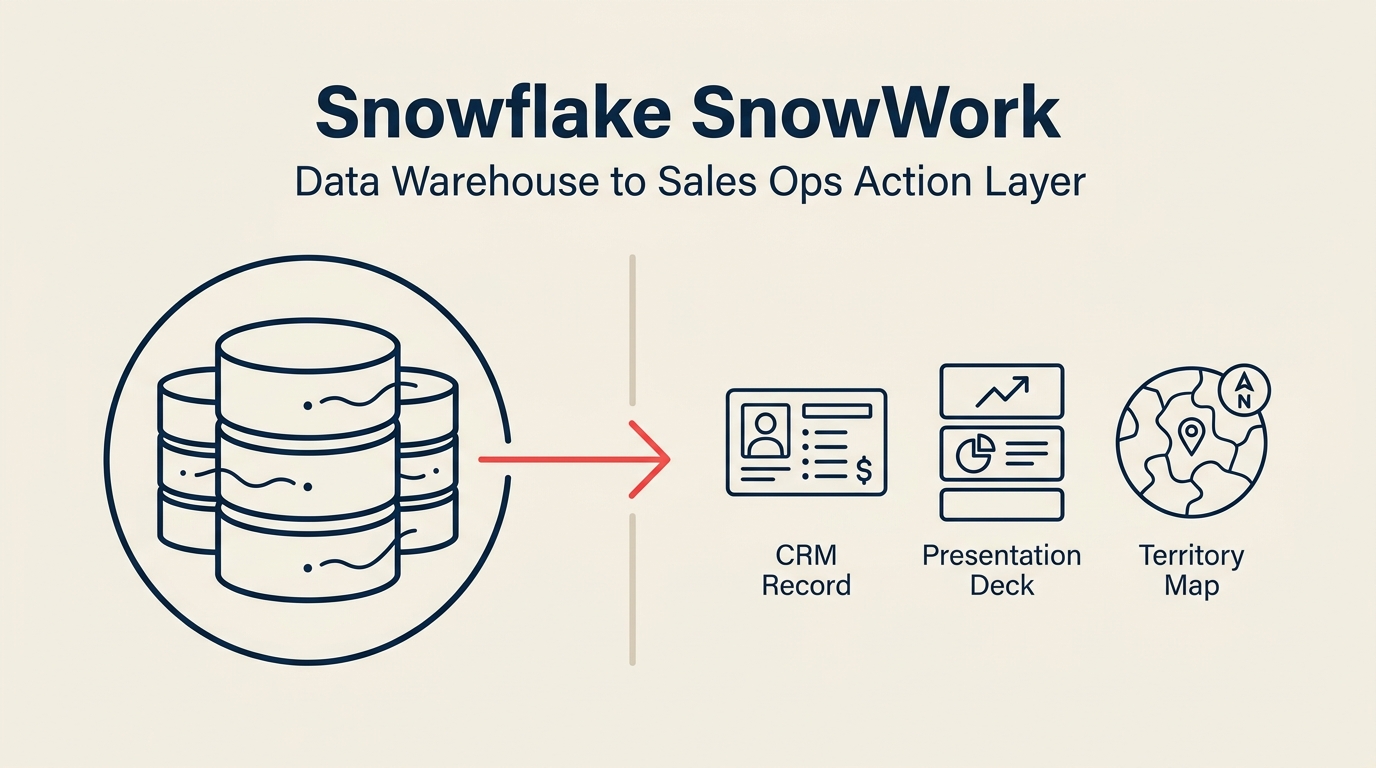Snowflake SnowWork diagram showing the data warehouse becoming a Sales Ops action layer that drives CRM, presentations, and territory actions
