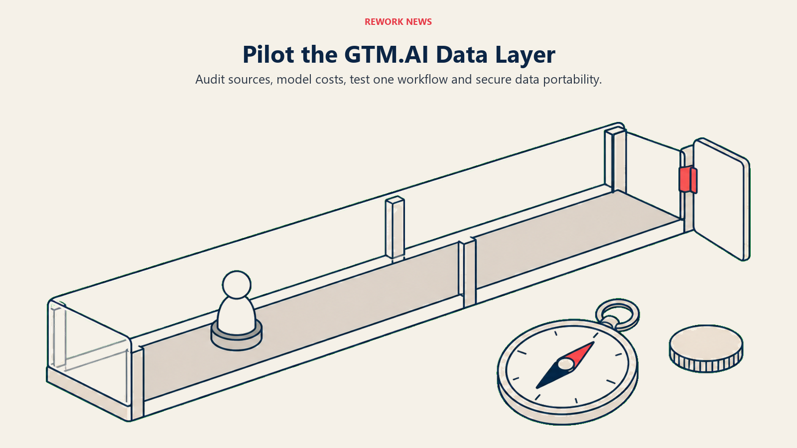 GTM.AI pilot shown as one account on a test track with a portable exit, compass and budget token