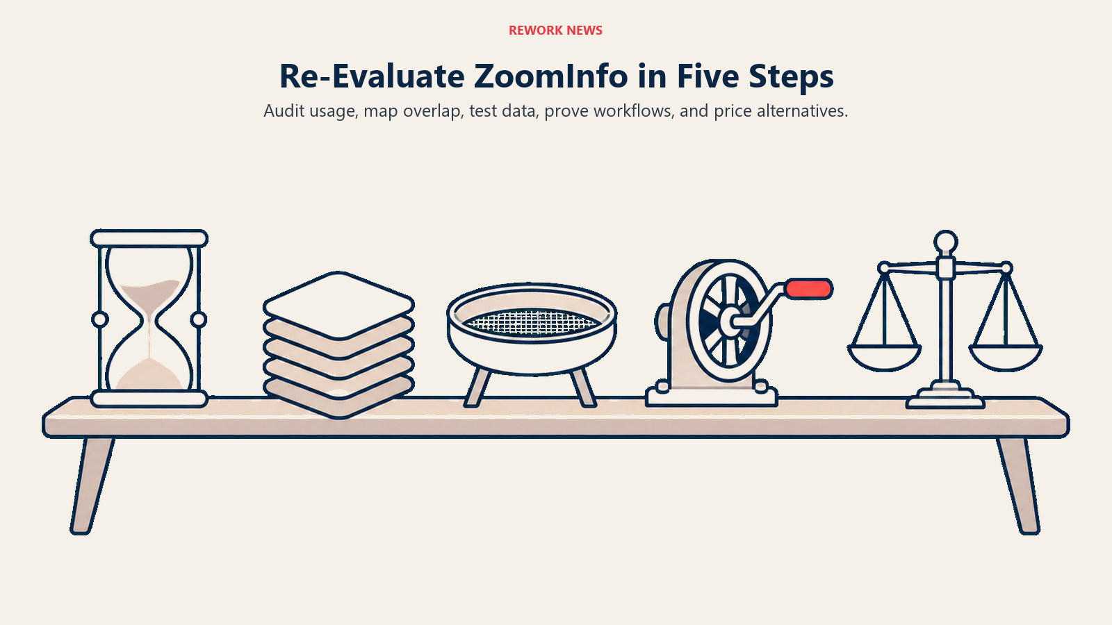 Five audit instruments illustrate ZoomInfo usage, overlap, data quality, workflow, and cost evaluation.