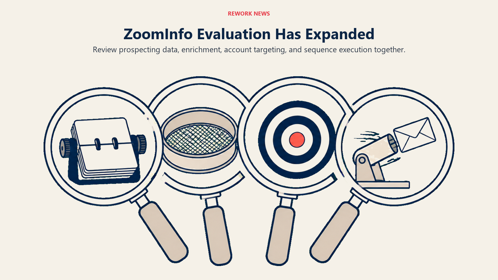 Four lenses inspect contacts, enrichment, targeting, and outreach to explain ZoomInfo evaluation scope.