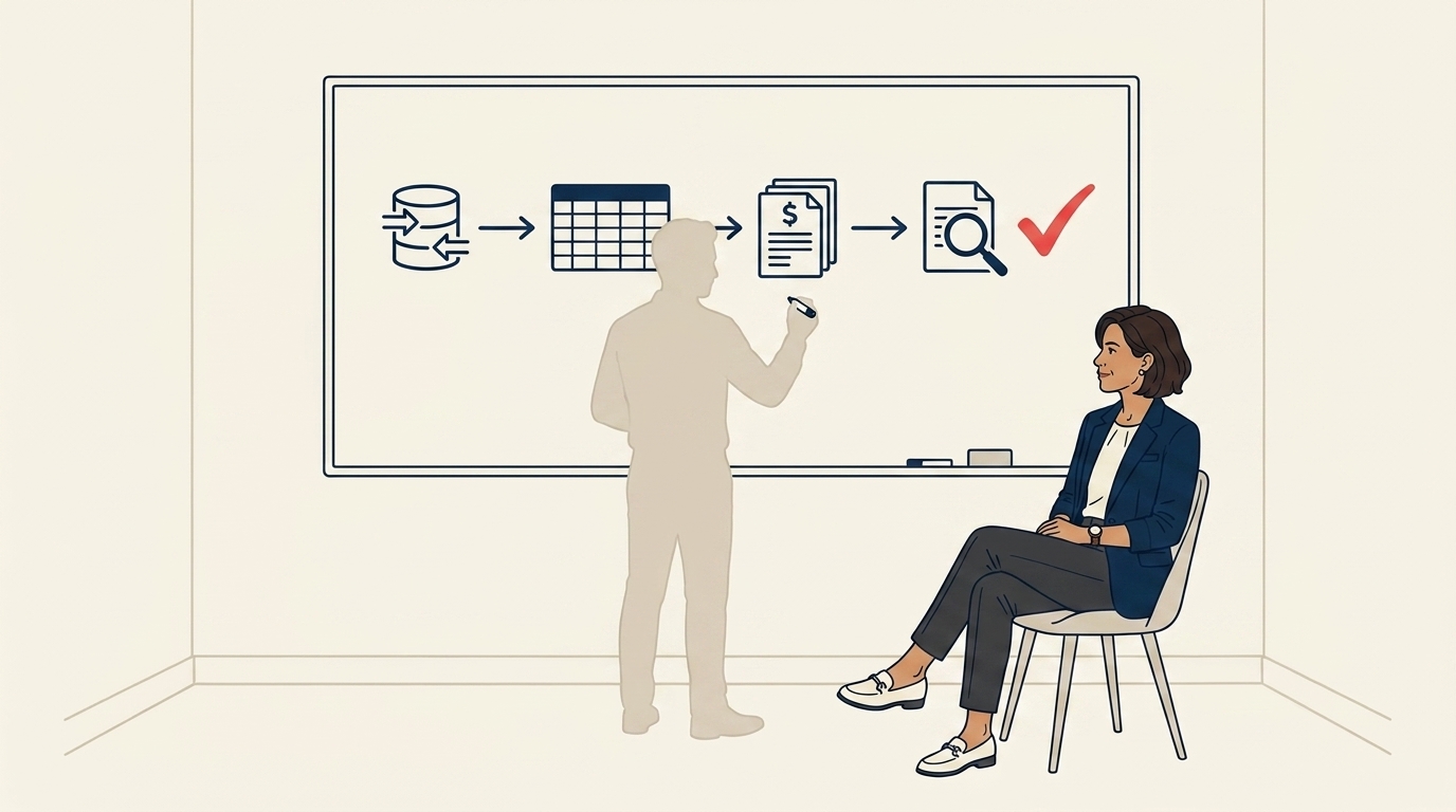 The Sales Ops hire at a whiteboard drawing a clean four-step commission loop, Maya seated nearby reviewing, calm focused atmosphere