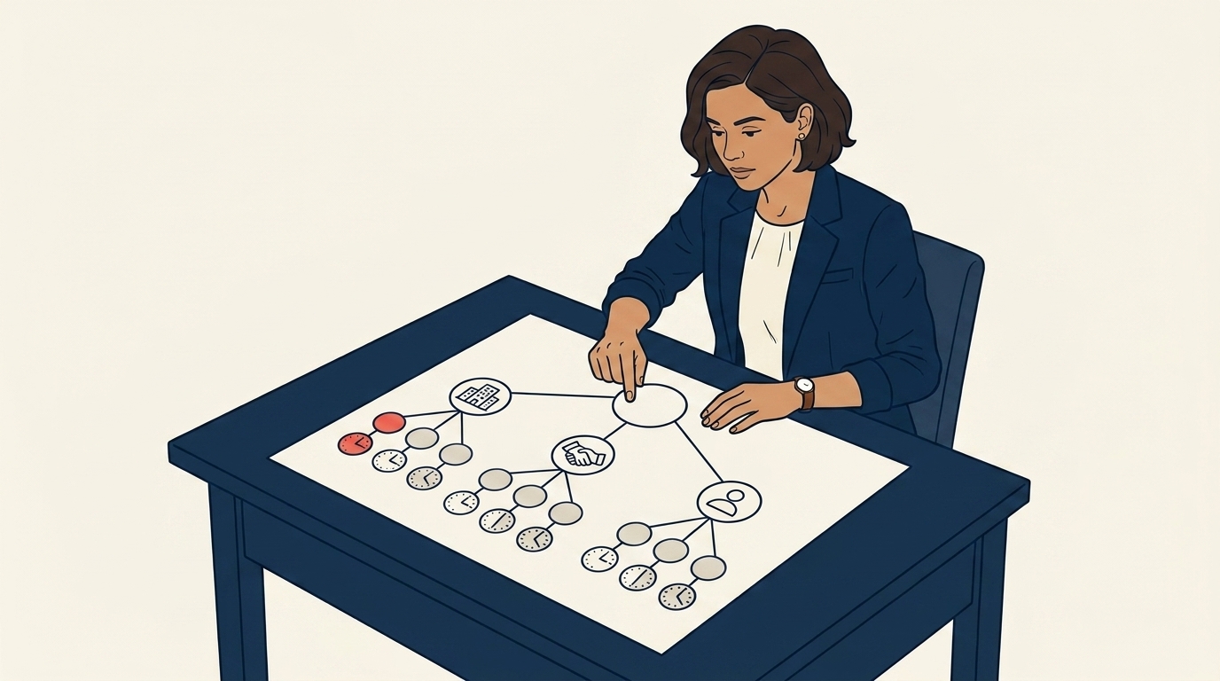 Maya at a desk reviewing a tree-diagram printout of communication channels, with arrows from a central node out to internal, supplier, and customer audiences