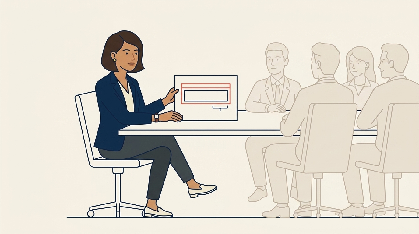 Maya at a long boardroom table with three corporate-style figures across from her, a single-page proposal in front of her with a clean budget envelope visible