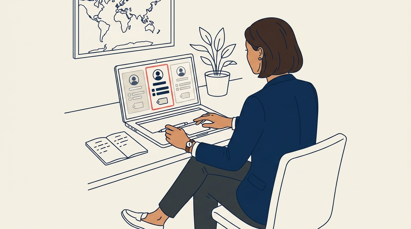 Maya at her laptop comparing three CRM options side by side on her screen, a small notebook beside her with pros and cons jotted down