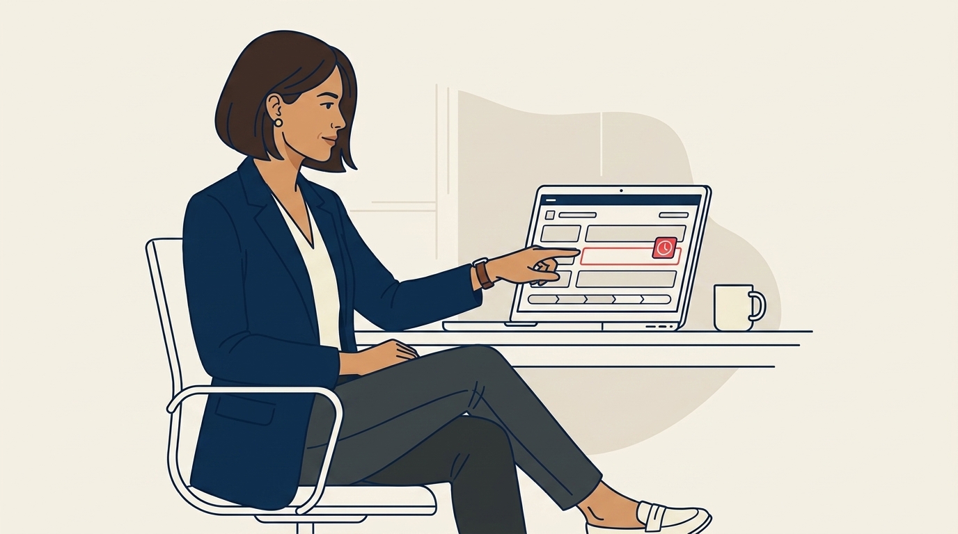 Maya at her desk showing a CRM screen with a deal record and a single "handoff complete" timestamp field, calm focused expression