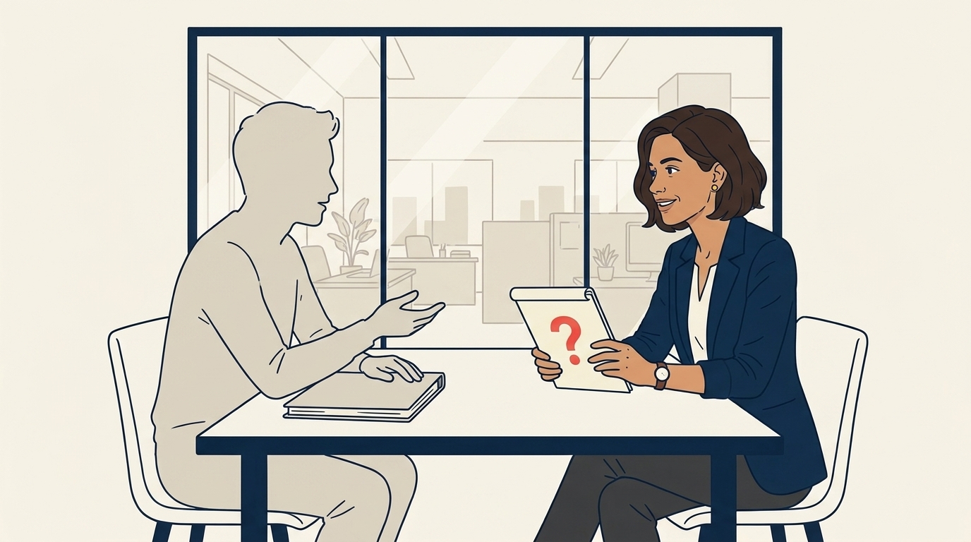 Maya in a candidate interview at a small meeting table, the candidate facing her with a binder open, professional demeanor, a glass-walled meeting room