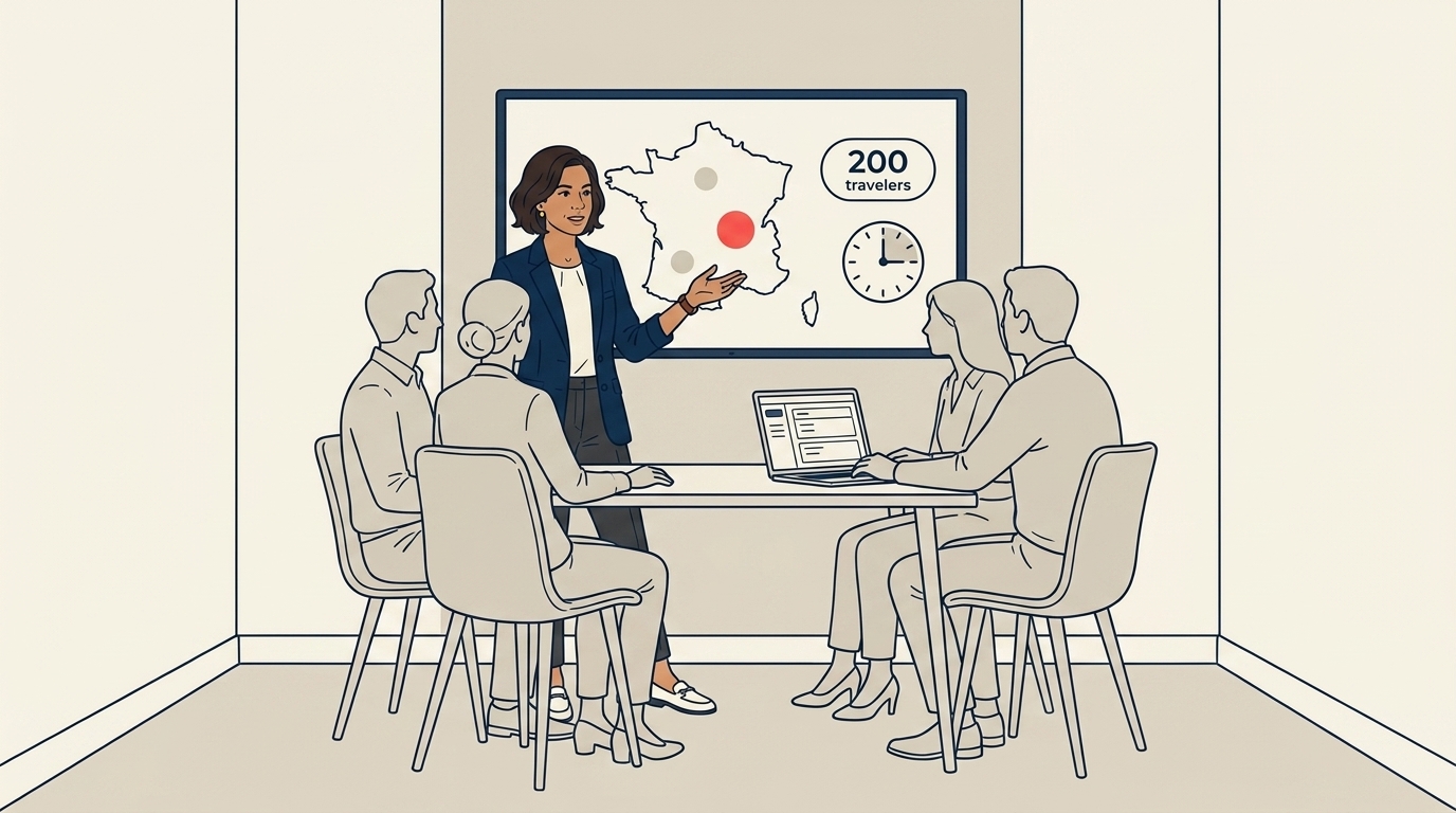 Maya in a small huddle with three senior colleagues at a meeting table, the screen showing initial impact assessment data, calm urgent atmosphere