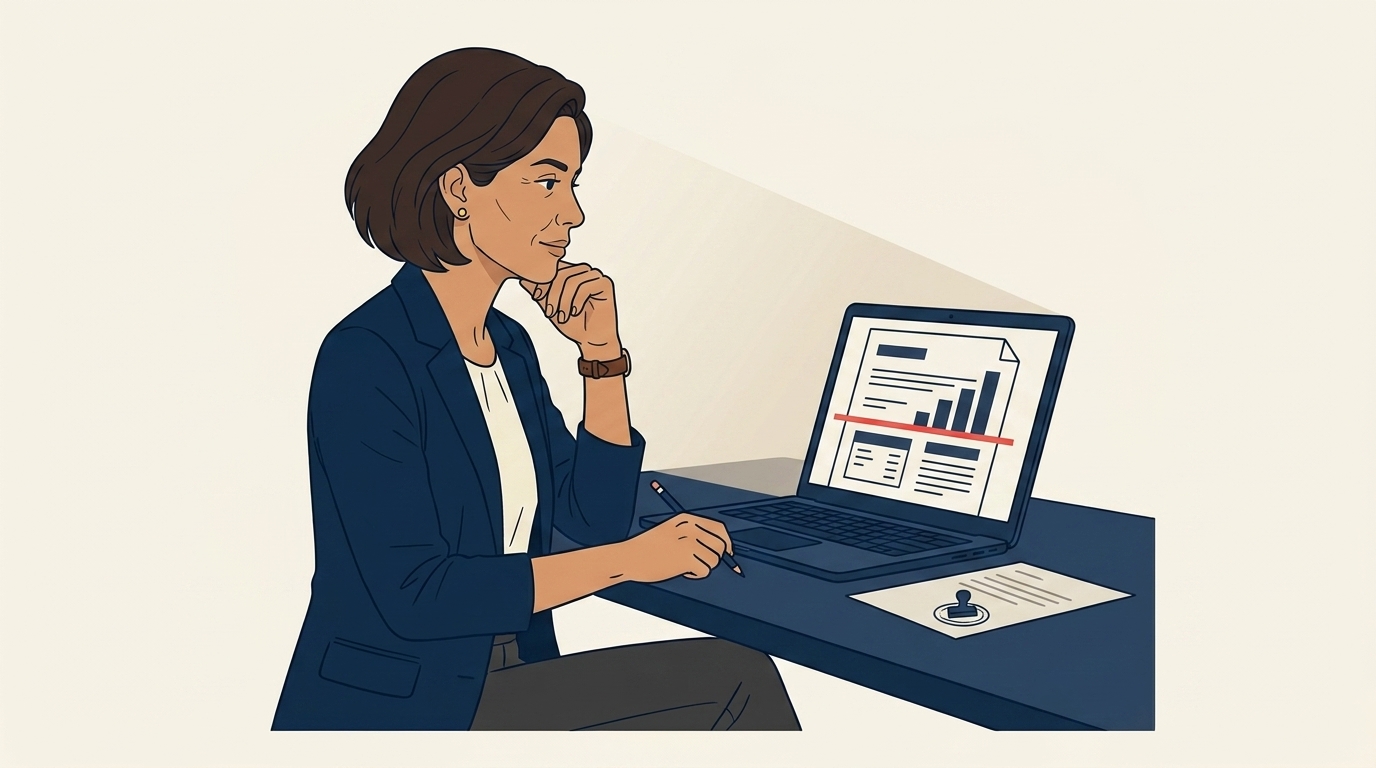 Maya at her laptop late evening with an old proposal document on screen, a pencil tapping on her desk, the quiet realization expression