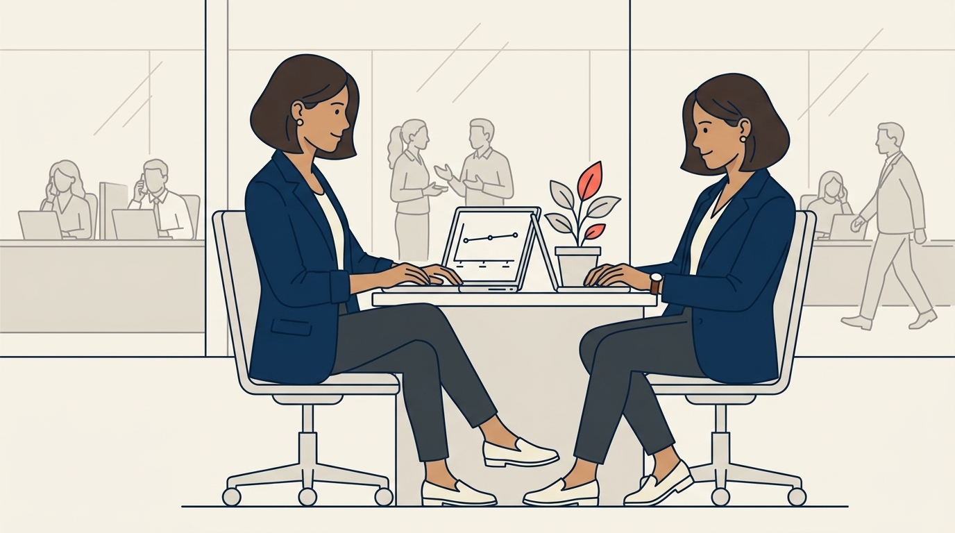Maya at her office, the floor visible behind her in healthy daily activity, a calm relieved expression as she reviews a clean dashboard