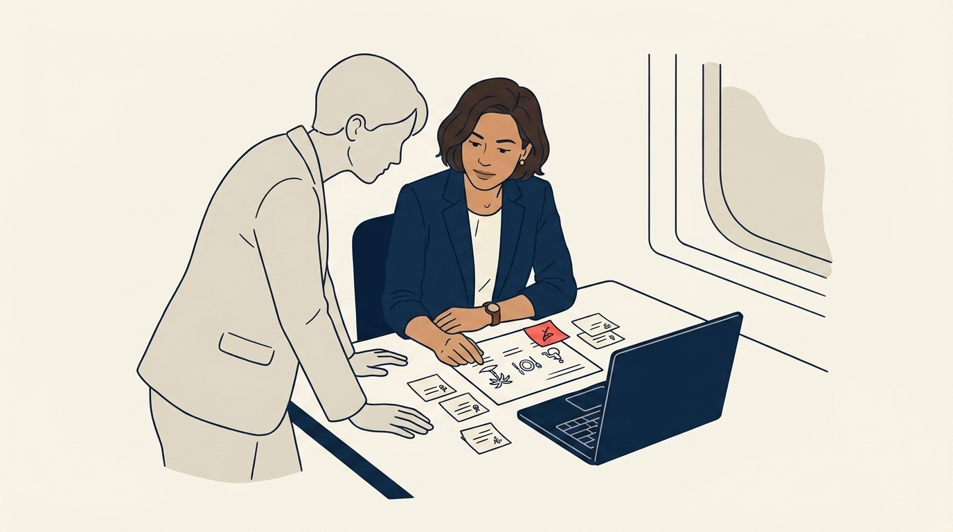 Maya in a smaller huddle with a Service-team lead, both looking at a printed traveler brief, sticky notes annotating preferences