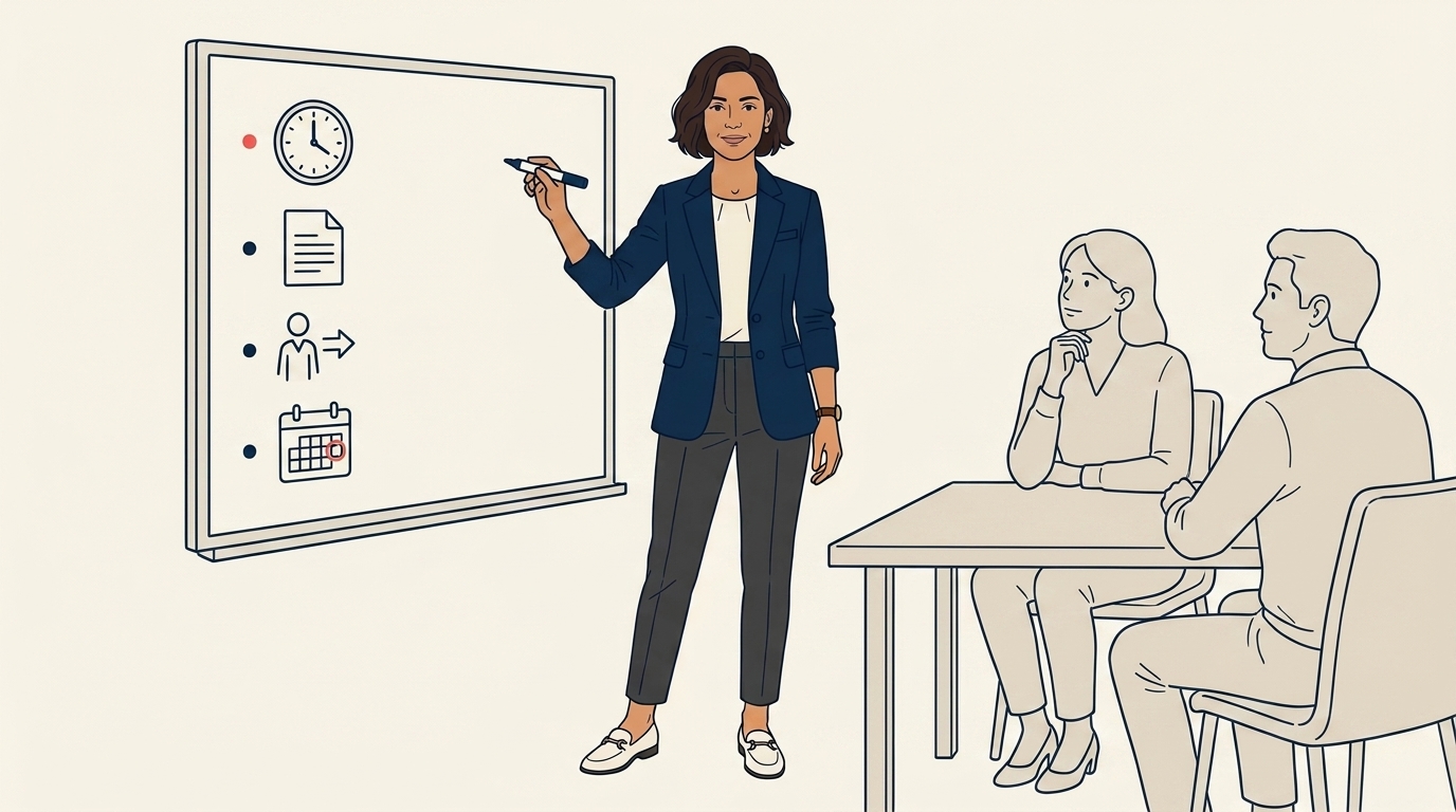 Maya at a wall whiteboard writing four short rules in clean navy bullet form, mid-explanation to two colleagues seated at a table
