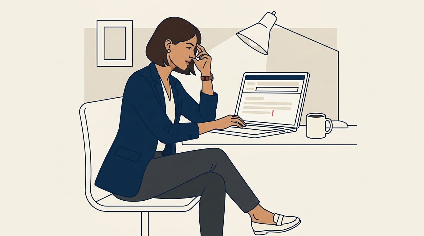 Maya at her laptop late evening, an apologetic email half-drafted on screen, a coffee mug going cold beside her