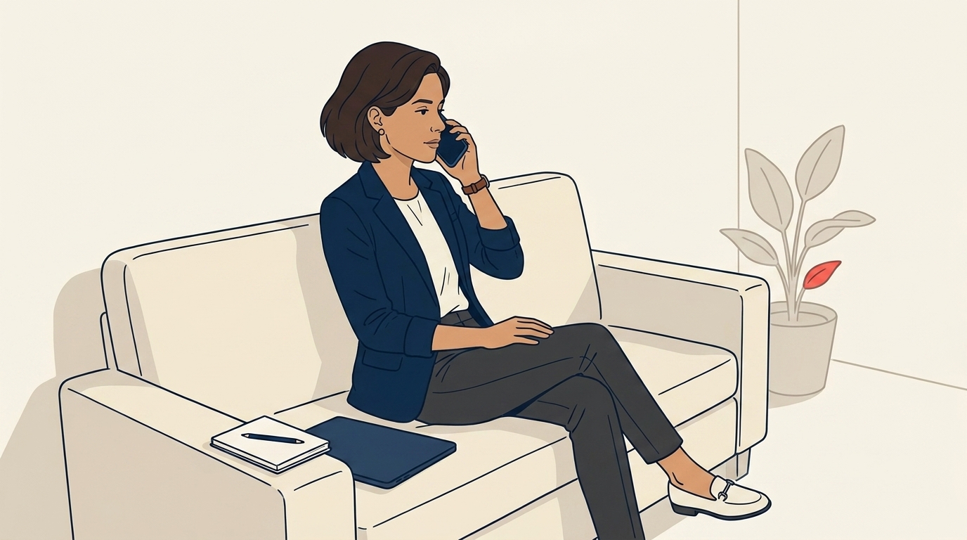 Maya on her office couch on a phone call, laptop closed beside her, expression listening more than talking
