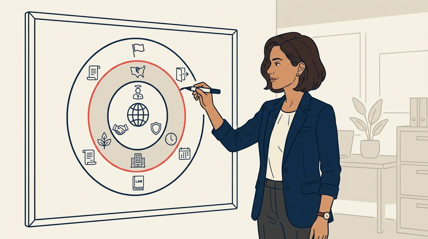 Maya at a whiteboard sketching three concentric circles labeled Centralized, Regional, and Local, examples in each circle in clean linework