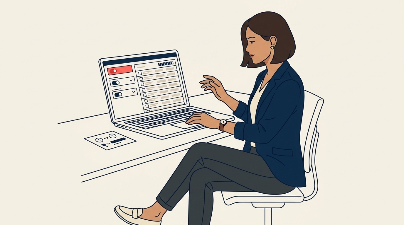 Maya at a laptop running a saved CRM query that filters travelers by region and severity, a sortable list of 200 names visible in clean linework, focused methodical expression